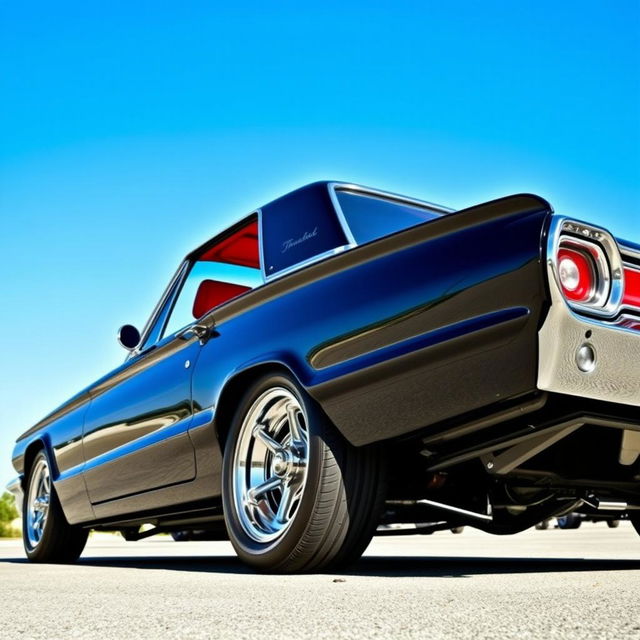 A 1965 black Ford Thunderbird hotrod muscle car, showcasing its sleek, bold lines and powerful stance