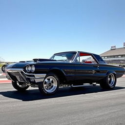 A striking black 1965 Ford Thunderbird hot rod drag car, featuring a sleek, custom design