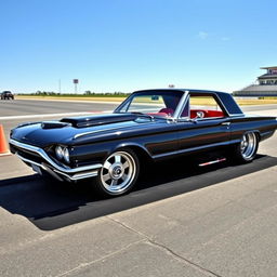 A striking black 1965 Ford Thunderbird hot rod drag car, featuring a sleek, custom design