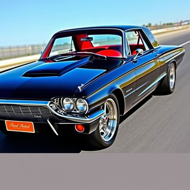 A striking black 1965 Ford Thunderbird hot rod drag car, featuring a sleek, custom design