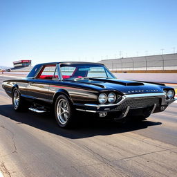 A striking black 1965 Ford Thunderbird hot rod drag car, featuring a sleek, custom design