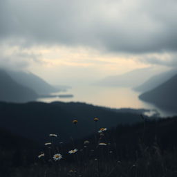 A beautiful, melancholic landscape featuring a serene lake surrounded by misty mountains under a cloudy sky