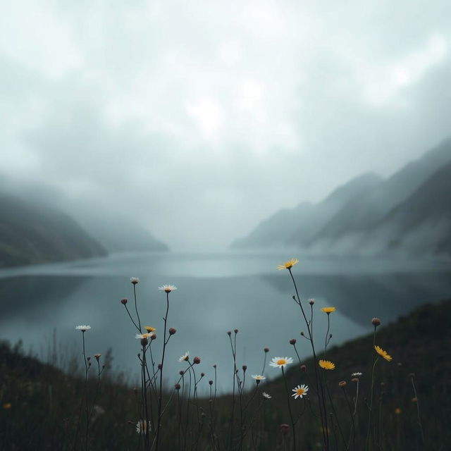 A beautiful, melancholic landscape featuring a serene lake surrounded by misty mountains under a cloudy sky