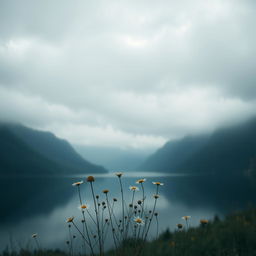 A beautiful, melancholic landscape featuring a serene lake surrounded by misty mountains under a cloudy sky