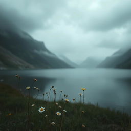 A beautiful, melancholic landscape featuring a serene lake surrounded by misty mountains under a cloudy sky
