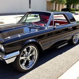 A stunning black 1965 Ford Thunderbird hot rod muscle car, featuring a sleek and shiny exterior