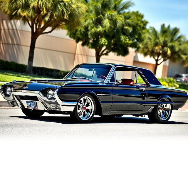 A stunning black 1965 Ford Thunderbird hot rod muscle car, featuring a sleek and shiny exterior