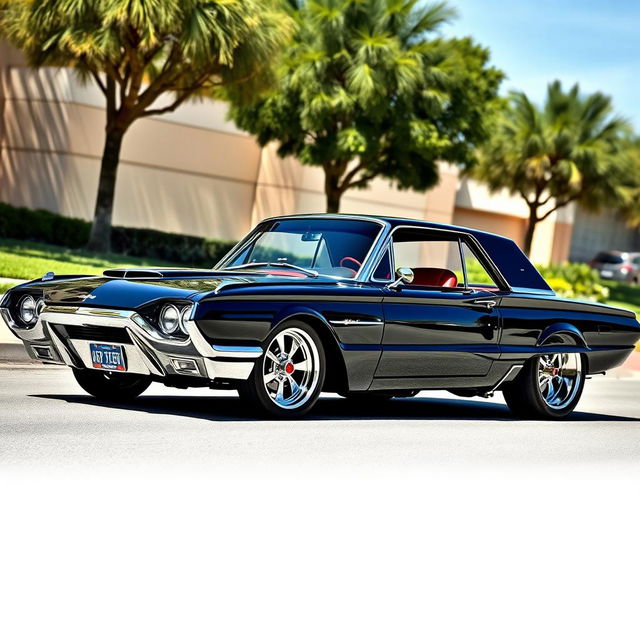 A stunning black 1965 Ford Thunderbird hot rod muscle car, featuring a sleek and shiny exterior