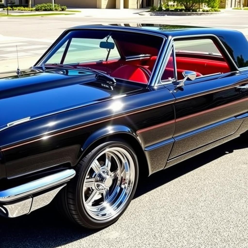 A stunning black 1965 Ford Thunderbird hot rod muscle car, featuring a sleek and shiny exterior