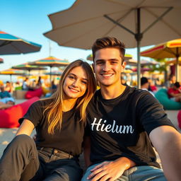 A young couple sitting closely together at a beachside leisure spot, enjoying a sunny day