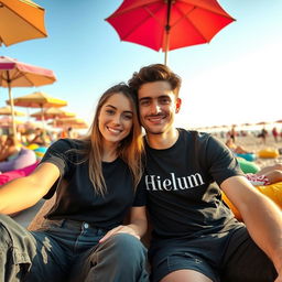 A young couple sitting closely together at a beachside leisure spot, enjoying a sunny day