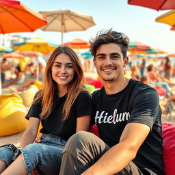 A young couple sitting closely together at a beachside leisure spot, enjoying a sunny day