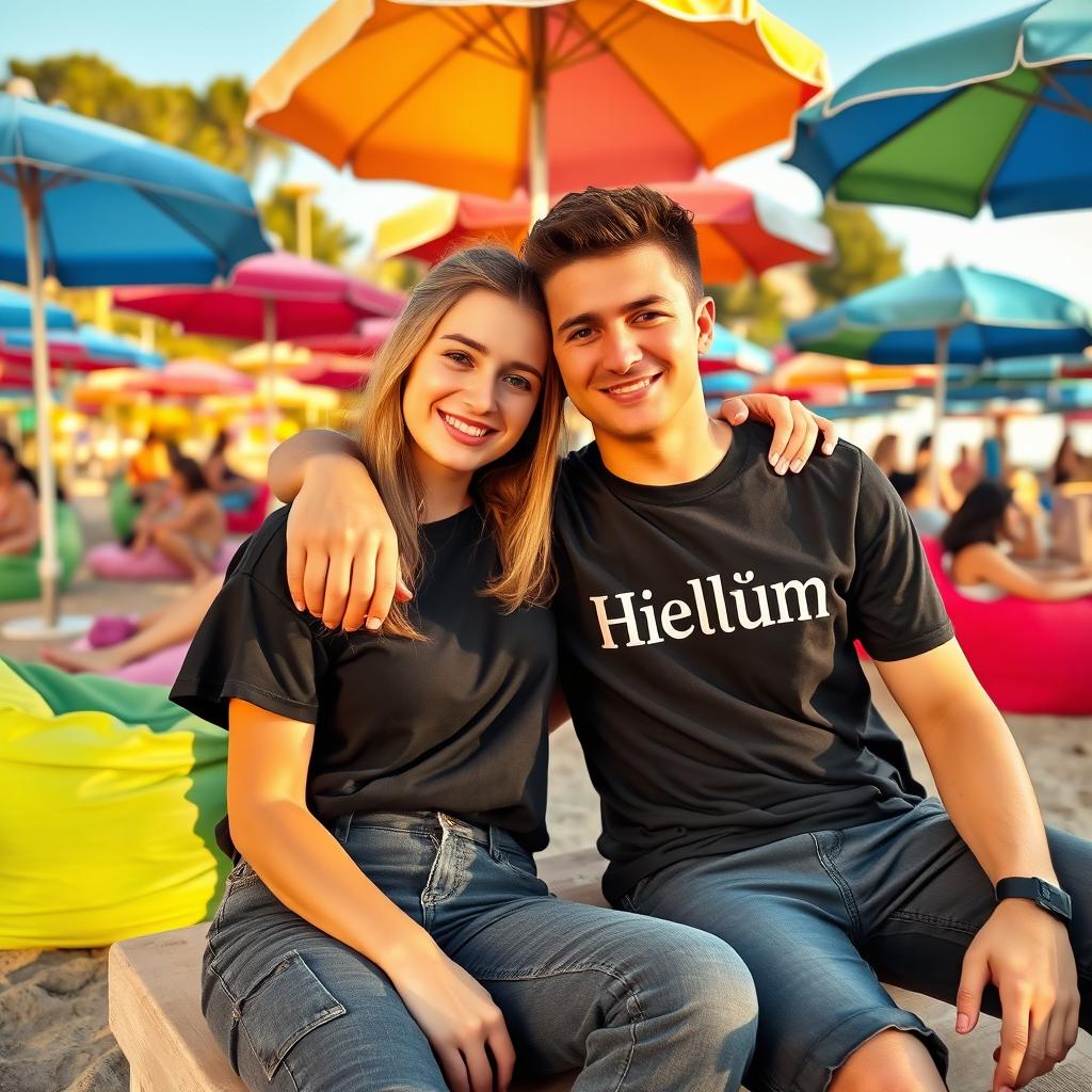 A young couple sitting closely together at a beachside leisure spot, enjoying a sunny day