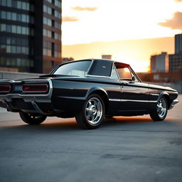 A stunning black 1965 Ford Thunderbird hotrod muscle car, designed with sleek lines and a classic retro appearance
