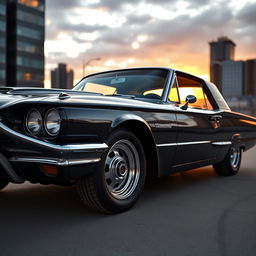 A stunning black 1965 Ford Thunderbird hotrod muscle car, designed with sleek lines and a classic retro appearance