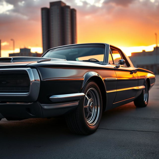 A stunning black 1965 Ford Thunderbird hotrod muscle car, designed with sleek lines and a classic retro appearance