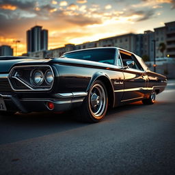 A stunning black 1965 Ford Thunderbird hotrod muscle car, designed with sleek lines and a classic retro appearance