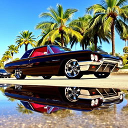 A striking black 1965 Ford Thunderbird Hotrod muscle car with a luxurious red interior, featuring big chrome wheels that gleam in the sunlight
