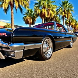 A striking black 1965 Ford Thunderbird Hotrod muscle car with a luxurious red interior, featuring big chrome wheels that gleam in the sunlight