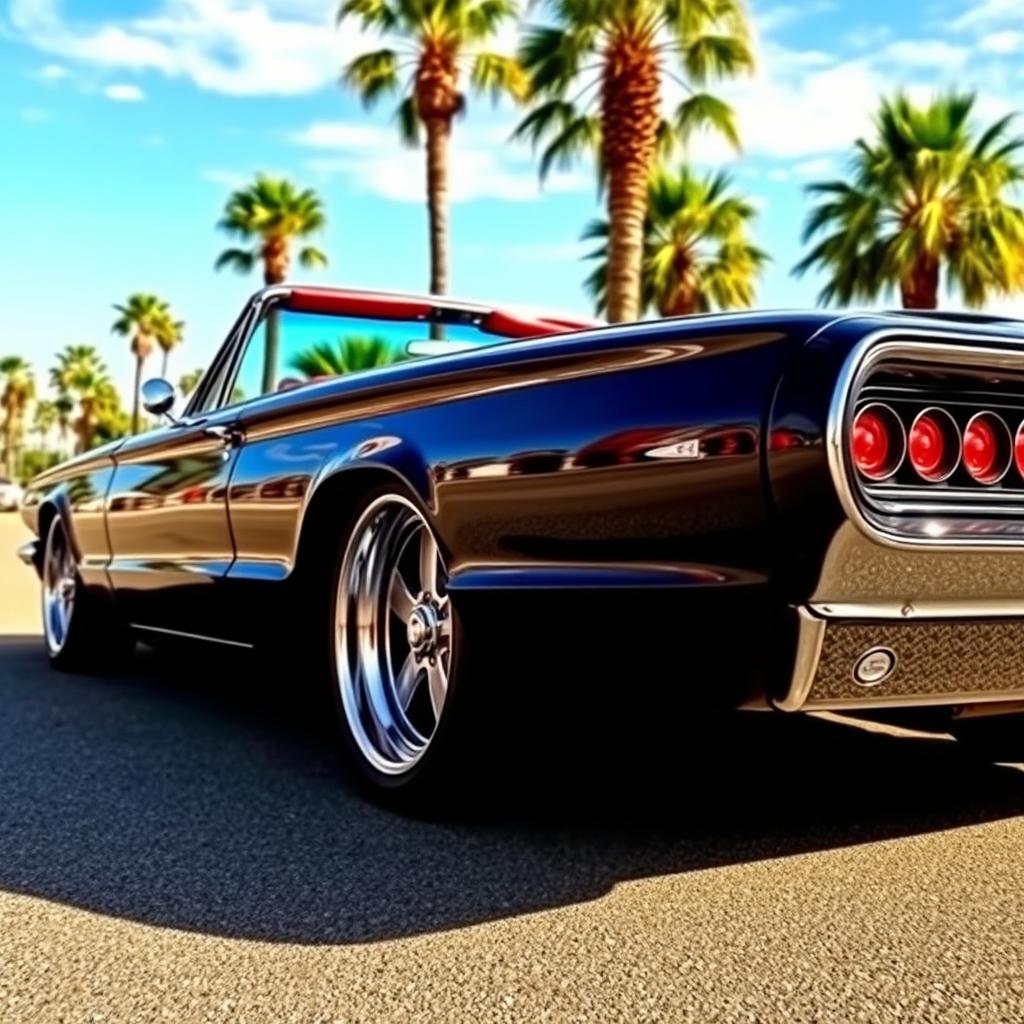 A striking black 1965 Ford Thunderbird Hotrod muscle car with a luxurious red interior, featuring big chrome wheels that gleam in the sunlight