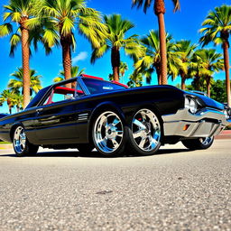 A striking black 1965 Ford Thunderbird Hotrod muscle car with a luxurious red interior, featuring big chrome wheels that gleam in the sunlight