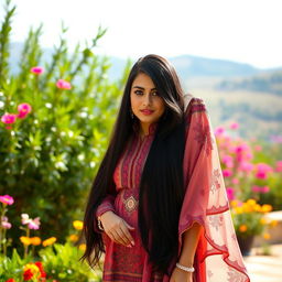 A tall, elegant Iranian woman with striking black hair, standing confidently in an outdoor setting