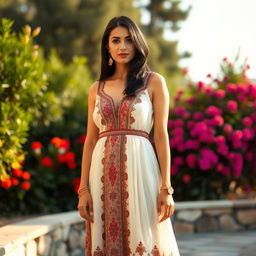 A tall, elegant Iranian woman with striking black hair, standing confidently in an outdoor setting