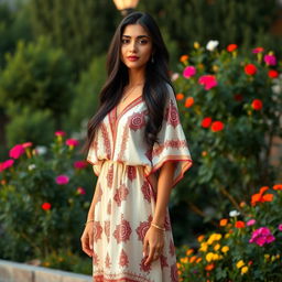 A tall, elegant Iranian woman with striking black hair, standing confidently in an outdoor setting