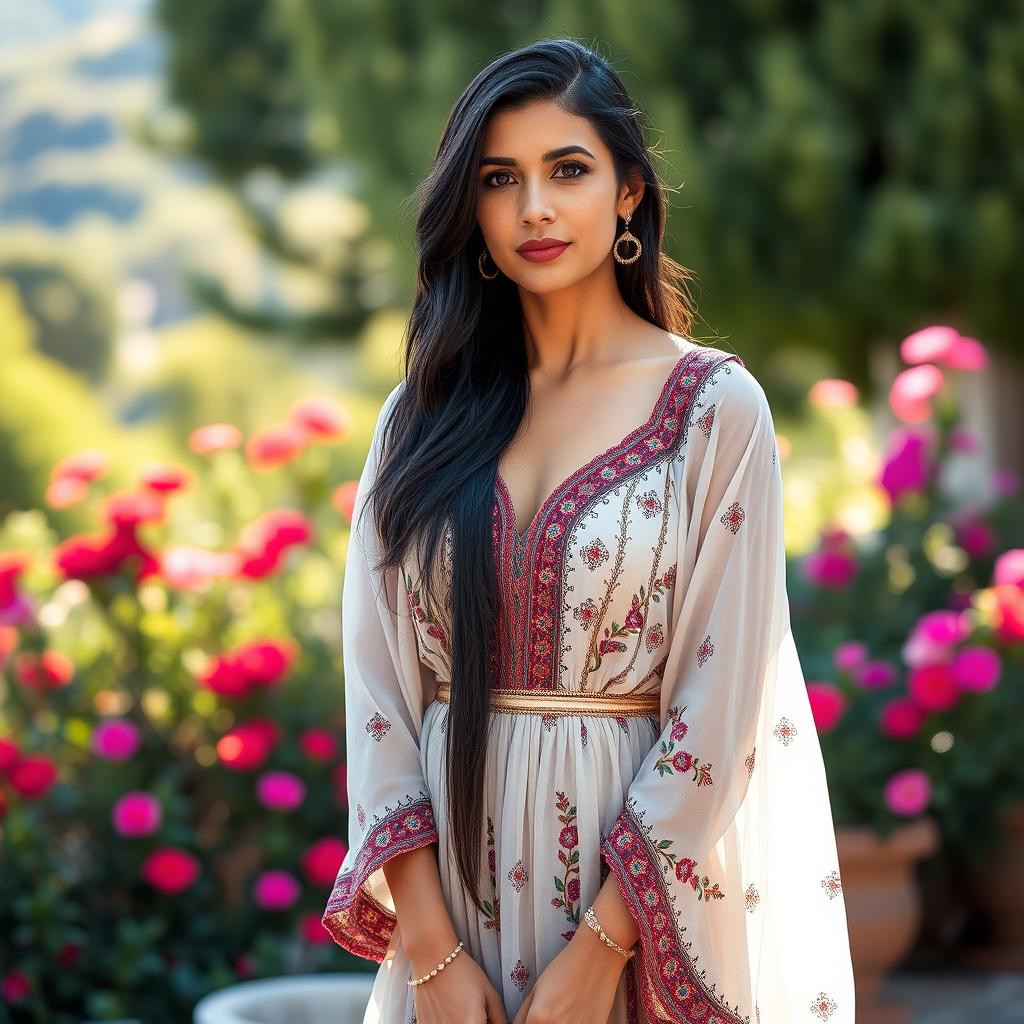 A tall, elegant Iranian woman with striking black hair, standing confidently in an outdoor setting