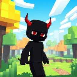 An anime-style character inspired by Minecraft, depicted as a boy completely covered in black, with pure red eyes that stand out vividly