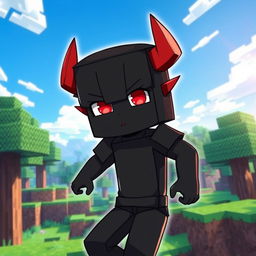 An anime-style character inspired by Minecraft, depicted as a boy completely covered in black, with pure red eyes that stand out vividly