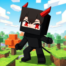 An anime-style character inspired by Minecraft, depicted as a boy completely covered in black, with pure red eyes that stand out vividly