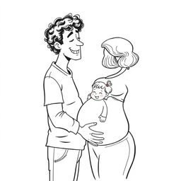 A black-and-white illustration depicting a tall man with curly hair, smiling casually, leaning slightly to kiss the belly of a very happy pregnant woman who is around 1