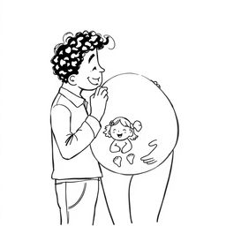 A black-and-white illustration depicting a tall man with curly hair, smiling casually, leaning slightly to kiss the belly of a very happy pregnant woman who is around 1