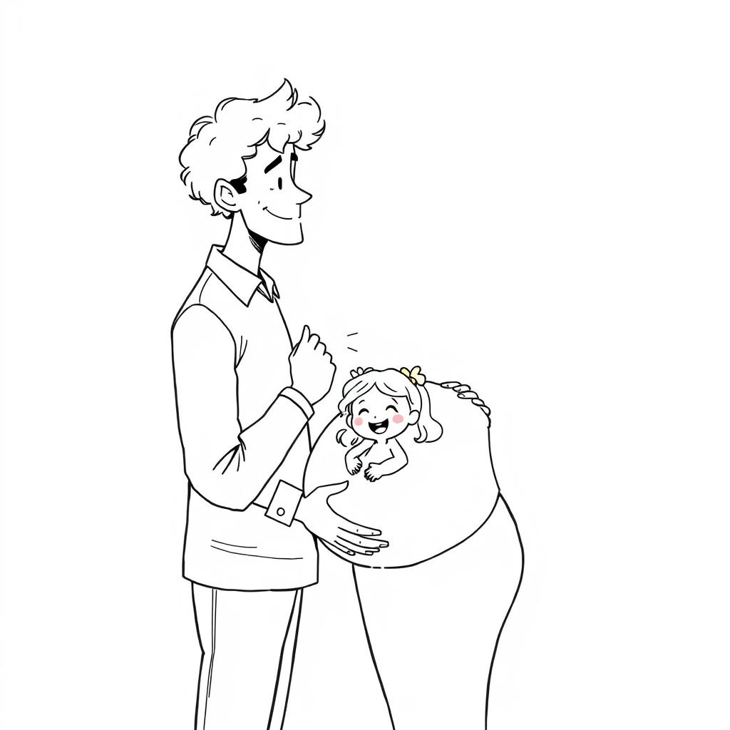 A black-and-white illustration depicting a tall man with curly hair, smiling casually, leaning slightly to kiss the belly of a very happy pregnant woman who is around 1