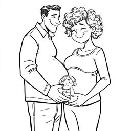 A black-and-white illustration depicting a tall man with curly hair, smiling casually, leaning slightly to kiss the belly of a very happy pregnant woman who is around 1