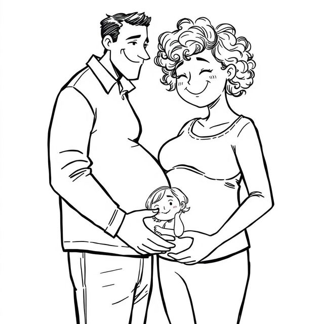 A black-and-white illustration depicting a tall man with curly hair, smiling casually, leaning slightly to kiss the belly of a very happy pregnant woman who is around 1