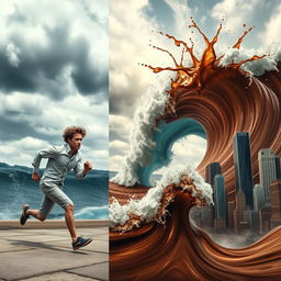 A surreal scene depicting a massive tsunami transforming into Coca-Cola, with the dynamic liquid cascading downwards