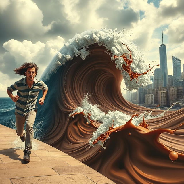 A surreal scene depicting a massive tsunami transforming into Coca-Cola, with the dynamic liquid cascading downwards