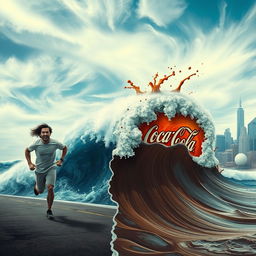 A surreal scene depicting a massive tsunami transforming into Coca-Cola, with the dynamic liquid cascading downwards