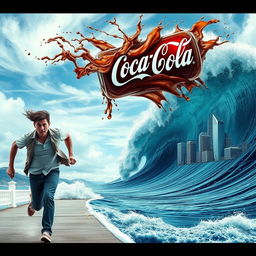A surreal scene depicting a massive tsunami transforming into Coca-Cola, with the dynamic liquid cascading downwards