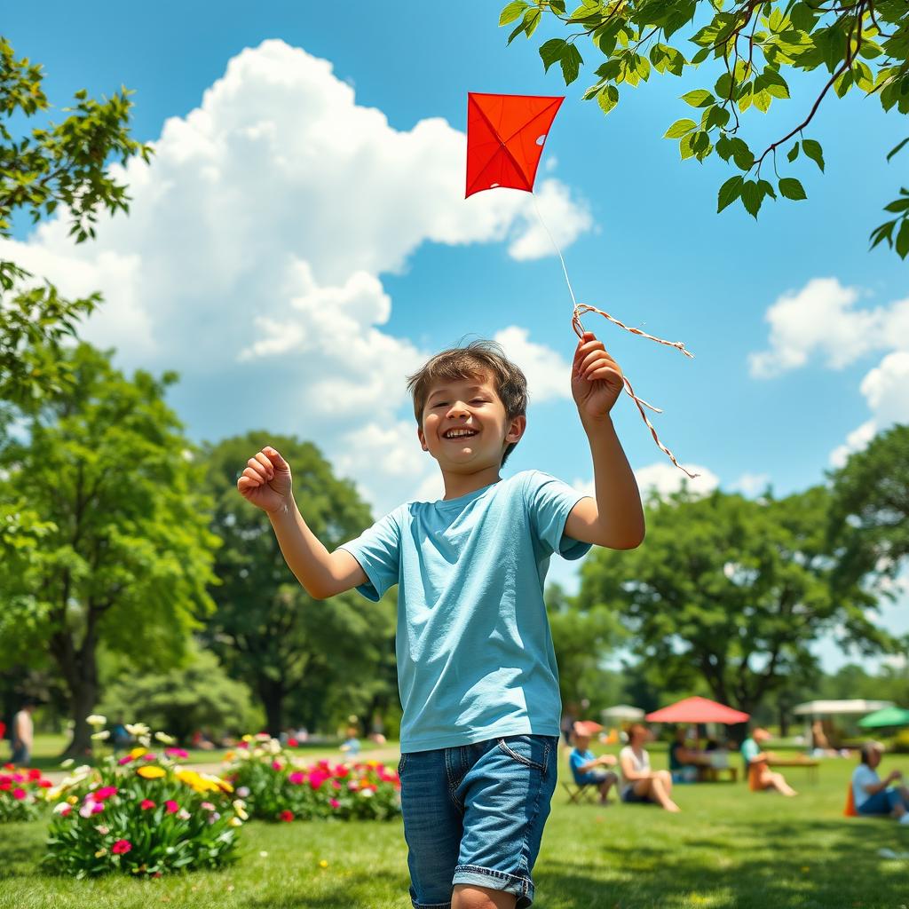 A serene scene capturing a young boy enjoying a sunny day in a vibrant park