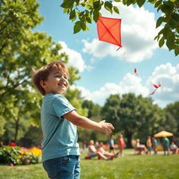 A serene scene capturing a young boy enjoying a sunny day in a vibrant park