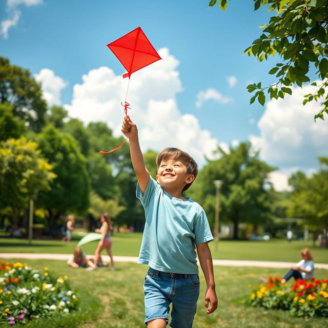 A serene scene capturing a young boy enjoying a sunny day in a vibrant park