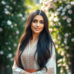 A tall Iranian woman with very fair and flawless skin, striking a confident pose