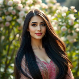A tall Iranian woman with very fair and flawless skin, striking a confident pose