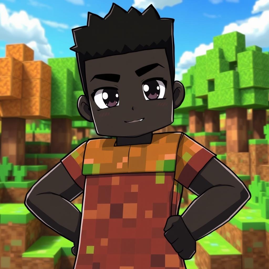 An anime-style character inspired by Minecraft, depicting a completely black male character