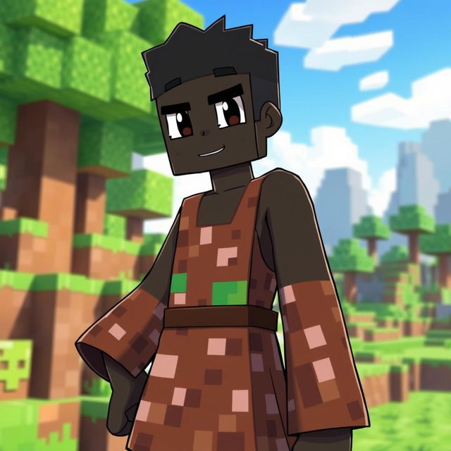 An anime-style character inspired by Minecraft, depicting a completely black male character