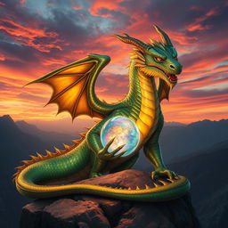 A magnificent dragon, with vibrant, shimmering scales in hues of emerald green and gold, perched on a rocky cliff