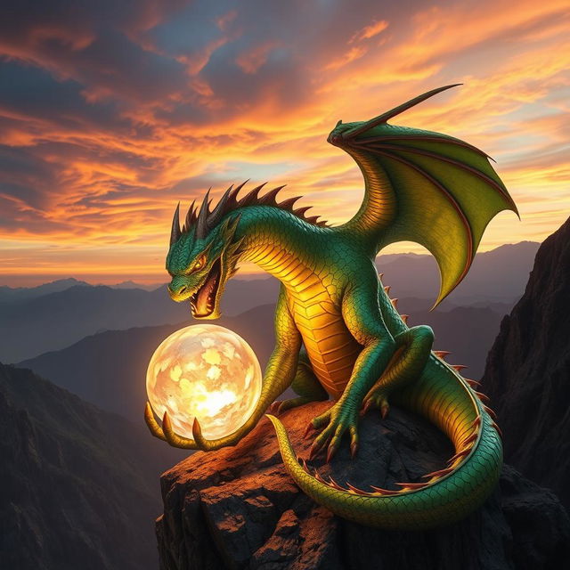 A magnificent dragon, with vibrant, shimmering scales in hues of emerald green and gold, perched on a rocky cliff